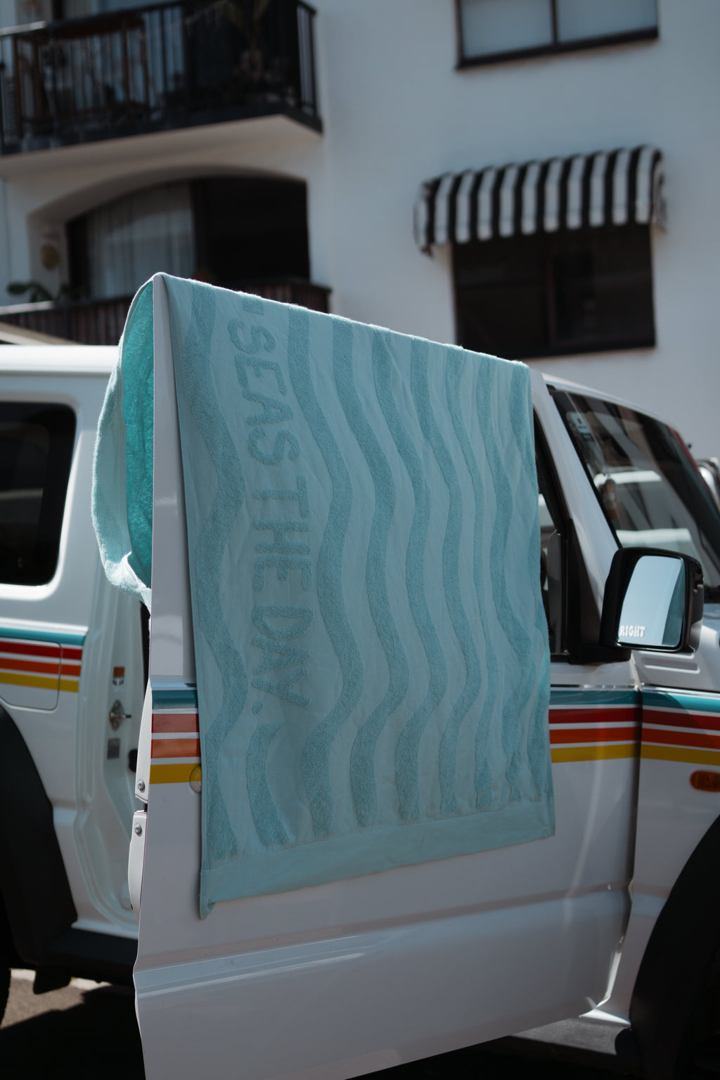 100% Cotton Magnetic Beach Towel - "Seas The day." TEAL
