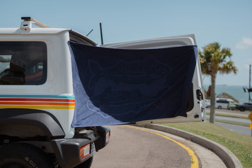 100% Cotton Magnetic Beach Towel - "THE FISH ARE ON" NAVY